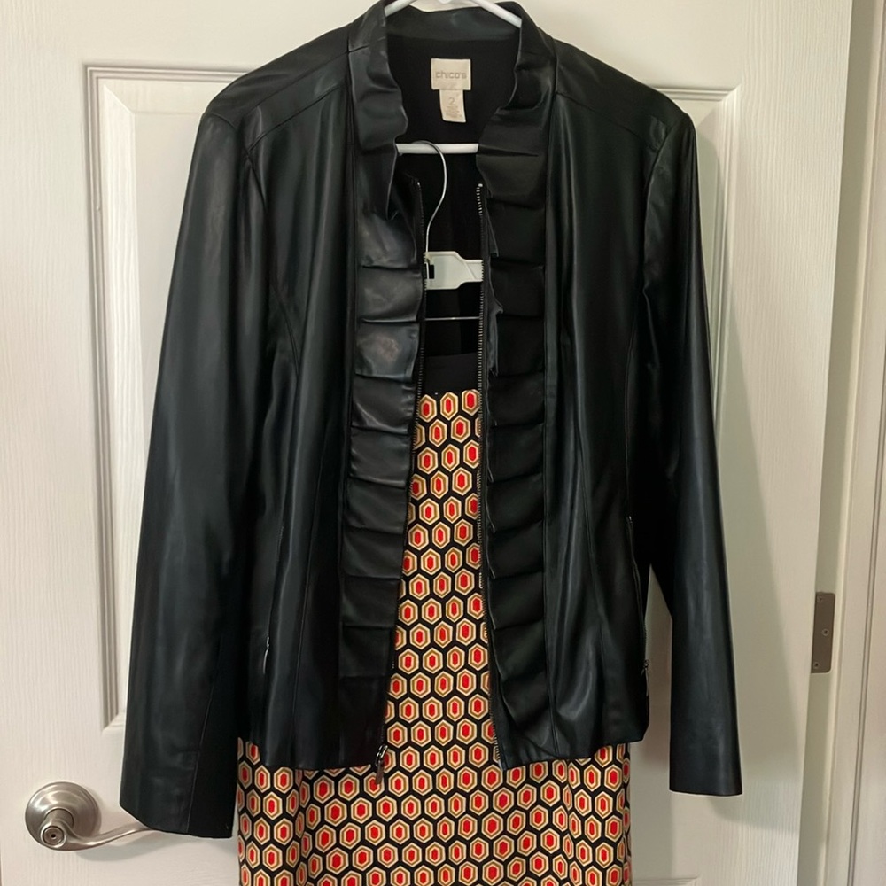 Chico’s Women's Black Ruffled Zip Front Faux-Leather Jacket